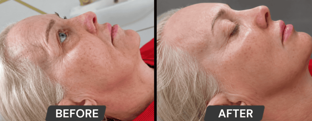 Before and after facial skin treatment showing improved skin texture and tone.
