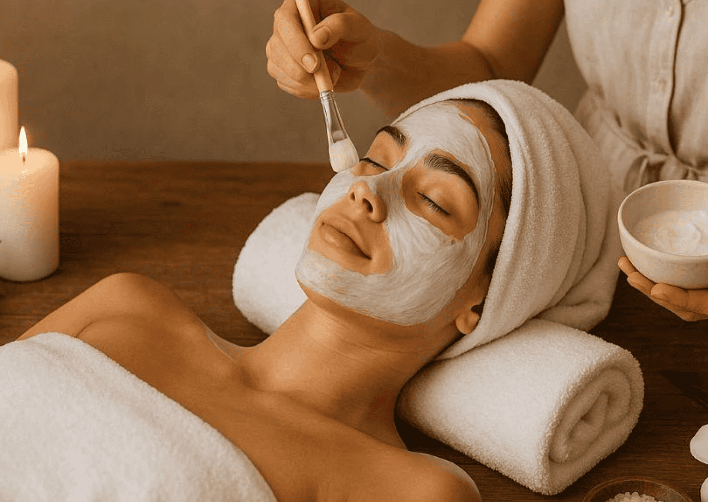 Woman receiving facial treatment at a skincare spa with a mask and relaxing ambiance.
